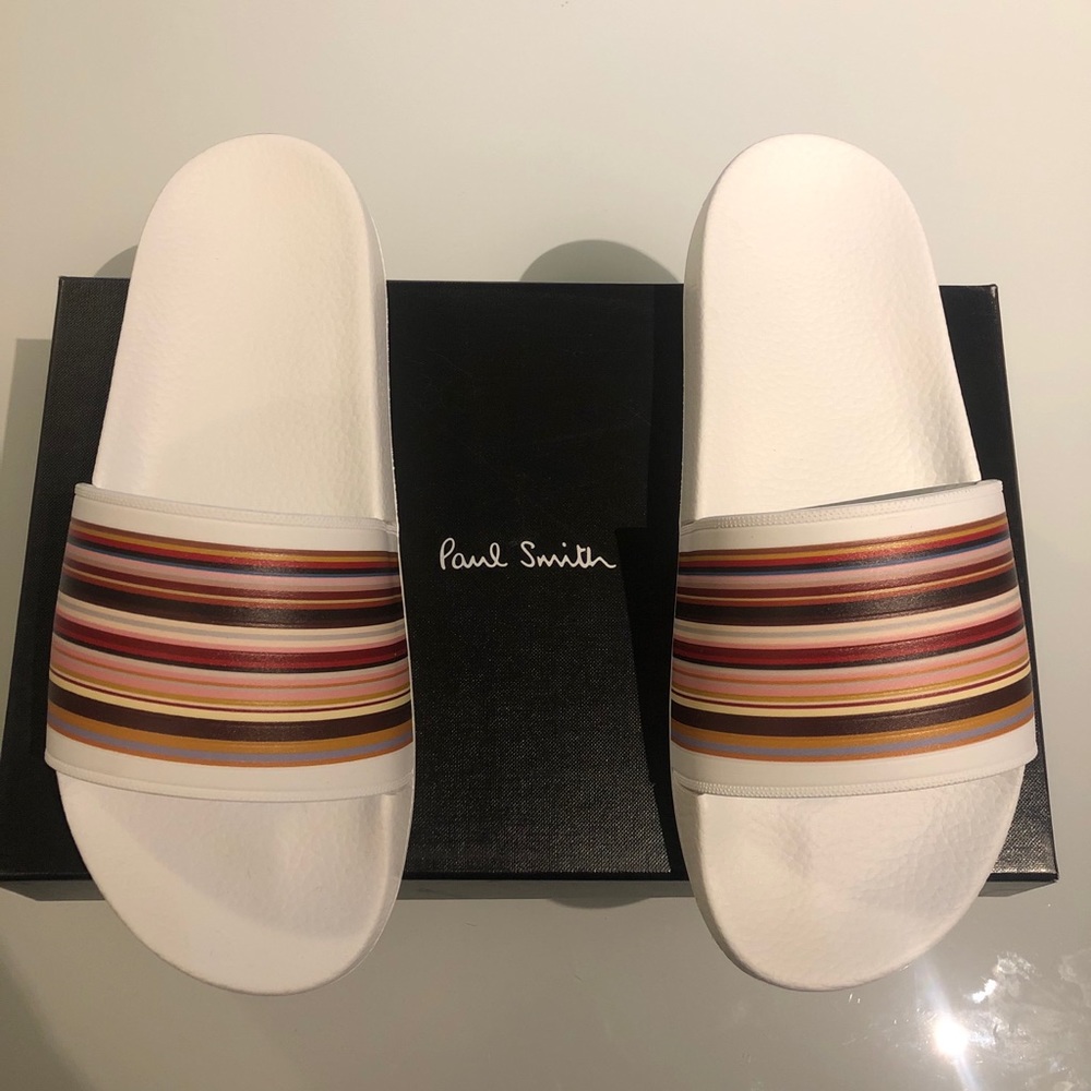 PAUL SMITH WHITE STRIPE SLIDER SANDALS